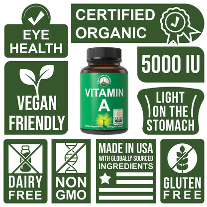 Certified Organic Vitamin A 5000 IU Supplement Capsules High Potency Vitamins. For Adults, Men, Women, Kids. Made with Organic Carrot Juice. Great for Immune, Skin, Eye Support. Non GMO, Vegan Pills Nirvana Guru