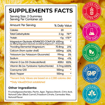 Magnesium Glycinate Gummies 600mg, High Absorption Magnesium Gummies with L-Threonate, Calcium, Vitamin B6, D3, Sugar Free Chews for Adults & Kids Relaxation, Stress Relief, Night Rest Nirvana Guru