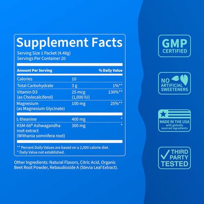 Supercalm Powdered Drink Mix, Raspberry Lemonade, L Theanine, Ksm-66 Ashwagandha, Magnesium Glycinate, Vitamin D 3, Supplements for Relaxation & Focus, No Sugar, Non GMO, On The Go, 20 Ct