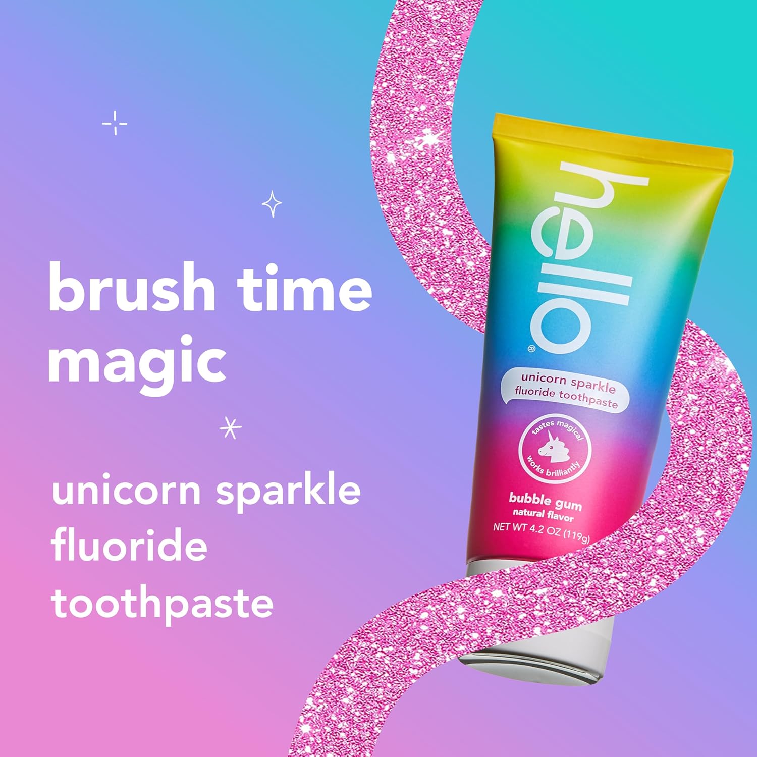 hello Unicorn Sparkle Kids Fluoride Toothpaste, Natural Bubble Gum Flavor, ADA Approved, Ages 2+, No Artificial Sweeteners, No SLS, Gluten Free, Vegan, Pack of 3, 4.2 oz Tubes Nirvana Guru