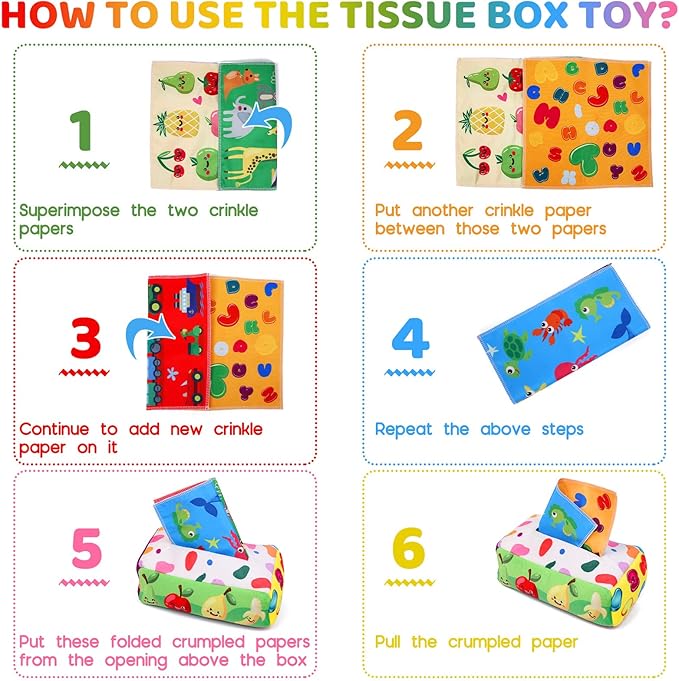 Baby Toys 6 to 12 Months - Tissue Box Toy Montessori for Babies 6-12 Months, Soft Stuffed High Contrast Crinkle Infant Sensory Toys, Boys&Girls Kids Early Learning Gifts nirvanaguru