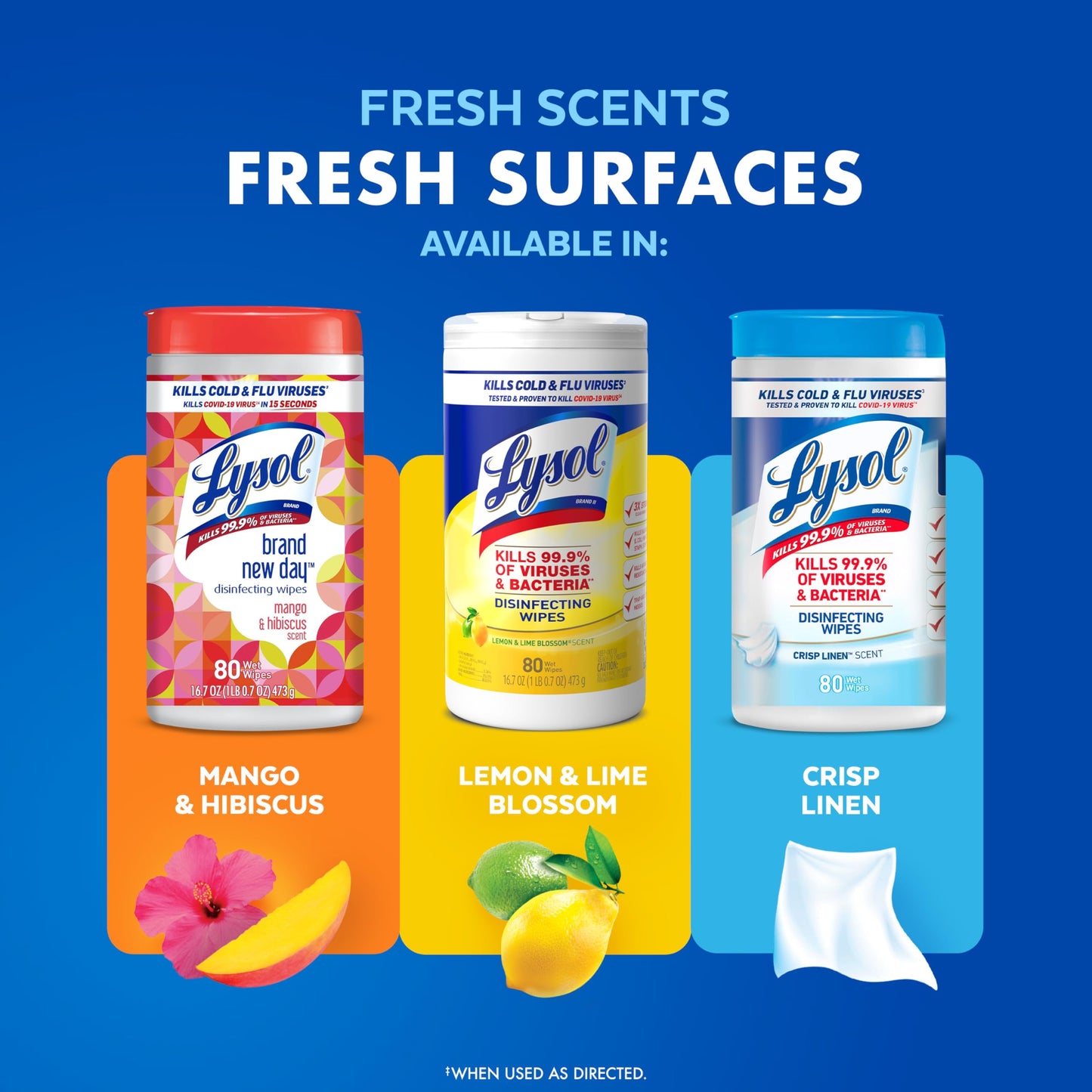 Lysol Disinfectant Wipes Bundle, Multi-Surface Cleaning Wipes, For Disinfecting & Cleaning, contains Lemon & Lime Blossom, Crisp Linen, & Mango & Hibiscus, 3x80 ct, (240 ct Total)