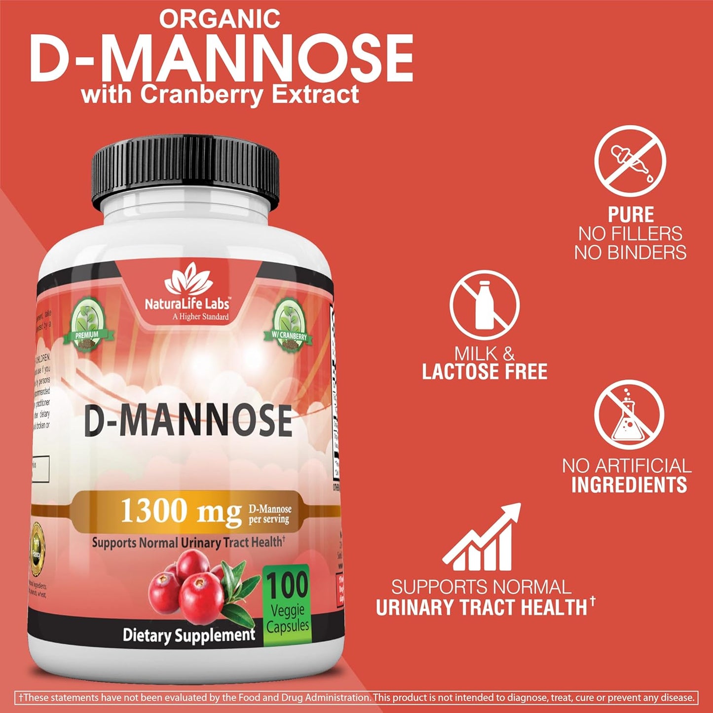 NaturaLife Labs A Higher Standard Organic D-Mannose 1,300 mg with Cranberry Extract Fast-Acting, Flush Impurities, Urinary Tract Health- 100 Veggie Capsules