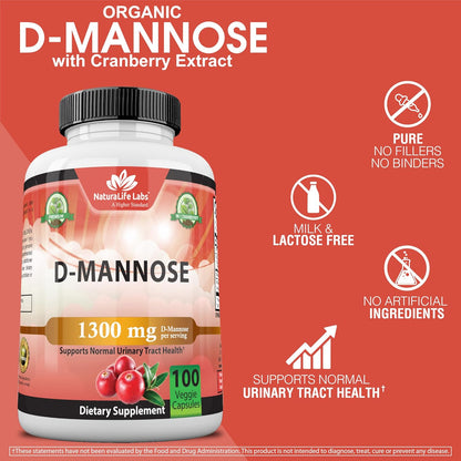 NaturaLife Labs A Higher Standard Organic D-Mannose 1,300 mg with Cranberry Extract Fast-Acting, Flush Impurities, Urinary Tract Health- 100 Veggie Capsules