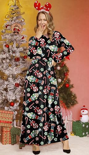 For G and PL Women's Ugly Christmas Maxi Dress Long Sleeve Graphic Outfit with Pockets nirvanaguru