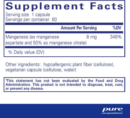Pure Encapsulations Manganese (Aspartate/Citrate) | Hypoallergenic Trace Mineral Supplement for Connective Tissue and Bones | 60 Capsules - Nirvana Guru