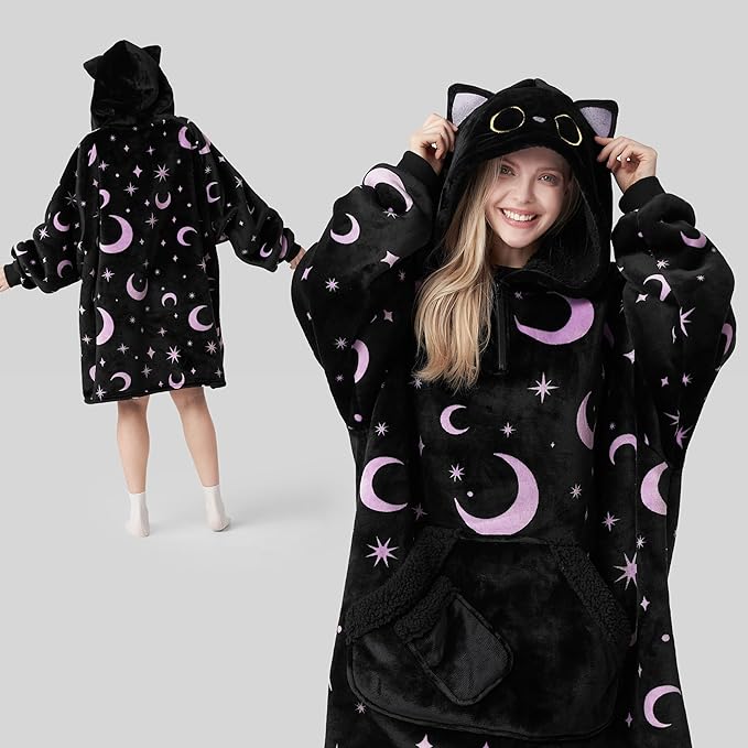Giggling Getup Wearable Blanket Hoodie for Women and Men Sherpa Fleece Hooded Blanket Sweatshirt Warm Cozy Sherpa Wearable Throw Oversized Hoodie with Giant Pocket & Sleeves for Adult Halloween Cat nirvanaguru