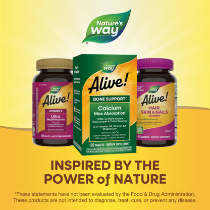Nature's Way Alive! Calcium Max Absorption, Bone Support*, Plant Source Calcium, Vitamin D3 & K2, Magnesium, 120 Tablets (Packaging May Vary) - Nirvana Guru