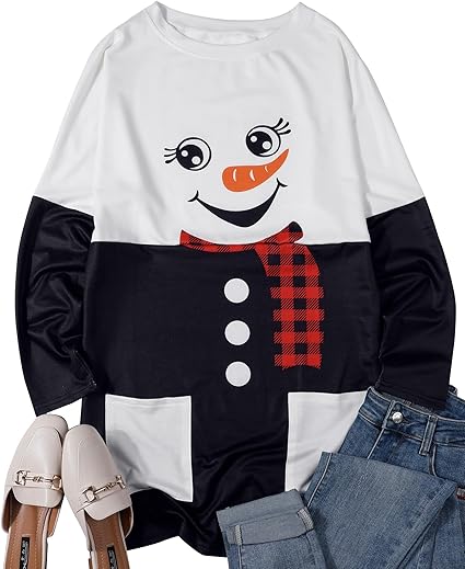 MOUSYA Women Dress Shirt Christmas Long Sleeve Tops Santa Printed Pullover Loose Plus Size T-Shirt Blouse with Pockets nirvanaguru