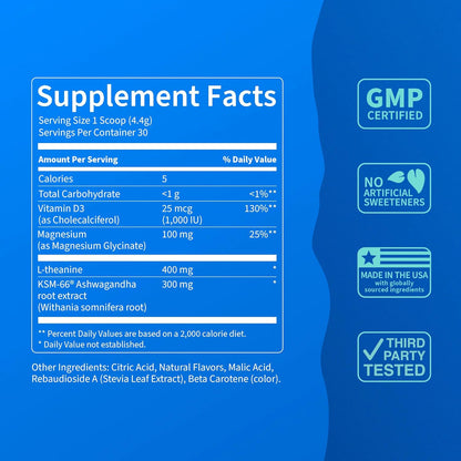 Supercalm Powdered Drink Mix, Raspberry Lemonade, L Theanine, Ksm-66 Ashwagandha, Magnesium Glycinate, Vitamin D 3, Supplements for Relaxation & Focus, No Sugar, Non GMO, On The Go, 20 Ct