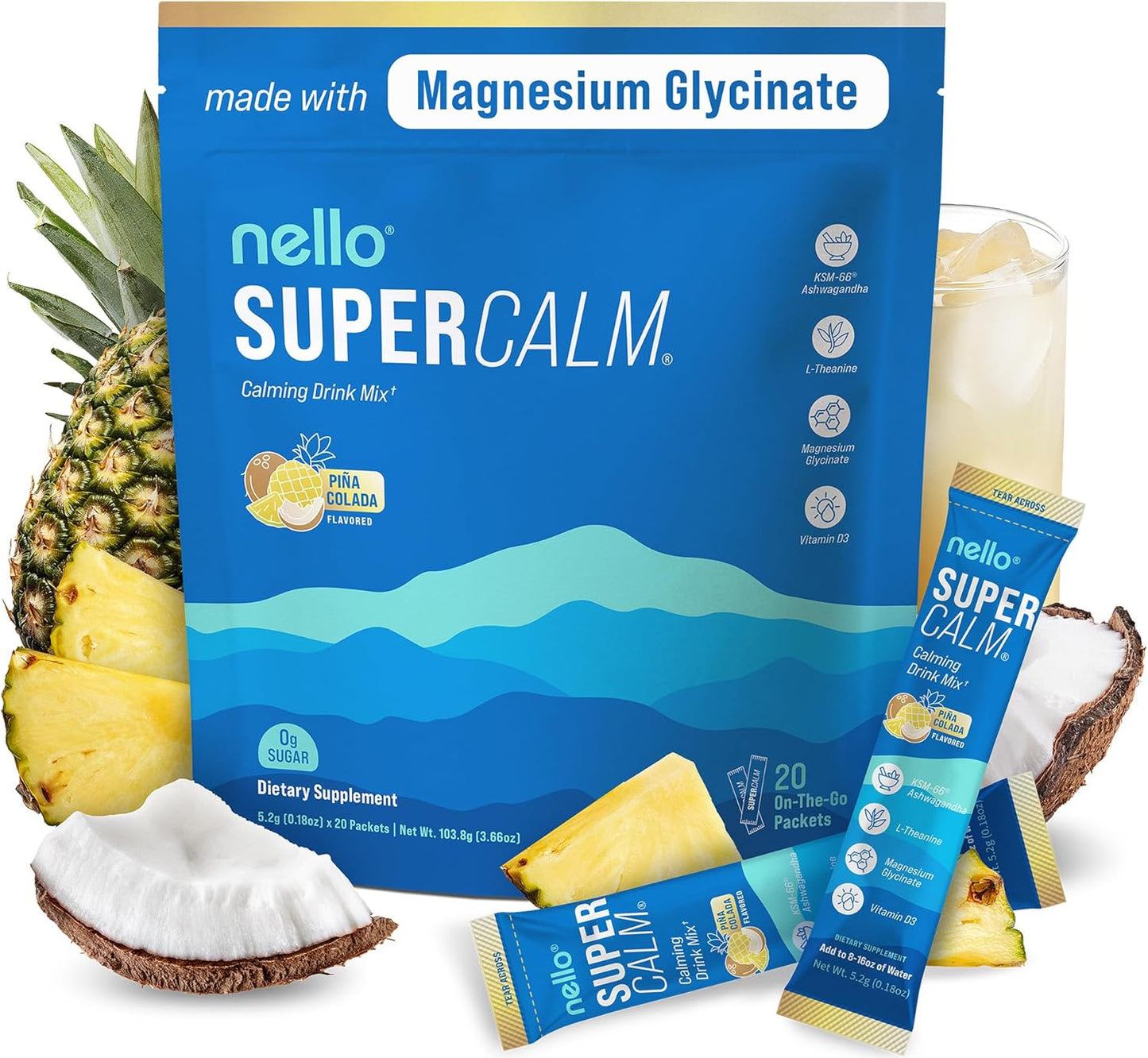 Supercalm Powdered Drink Mix, Raspberry Lemonade, L Theanine, Ksm-66 Ashwagandha, Magnesium Glycinate, Vitamin D 3, Supplements for Relaxation & Focus, No Sugar, Non GMO, On The Go, 20 Ct