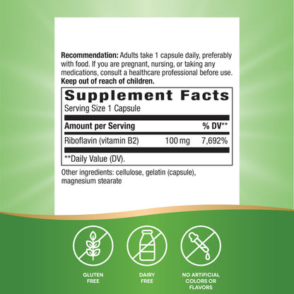 Nature's Way Riboflavin Vitamin B2, Supports Cellular Energy Production*, High Potency Riboflavin, 100 mg per Serving, 100 Capsules (Packaging May Vary) - Nirvana Guru