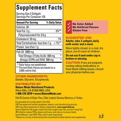 Nature Made Fish Oil Omega 3 Supplements, 1000mg Softgels, Omega 3 Fish Oil for Healthy Heart Support, 250 Softgels, 125 Day Supply - Nirvana Guru