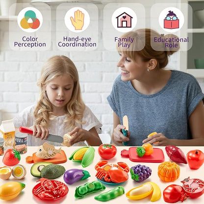 Pretend Play Food for Kids Kitchen - 78Pc Cutting Toy with Storage Bag, Toys Veggies, Fruits, Fake Pizza Toy, Food, Accessories, Boys Girls Gift, 9.5 x 7 x 6 in (ZY-78) nirvanaguru