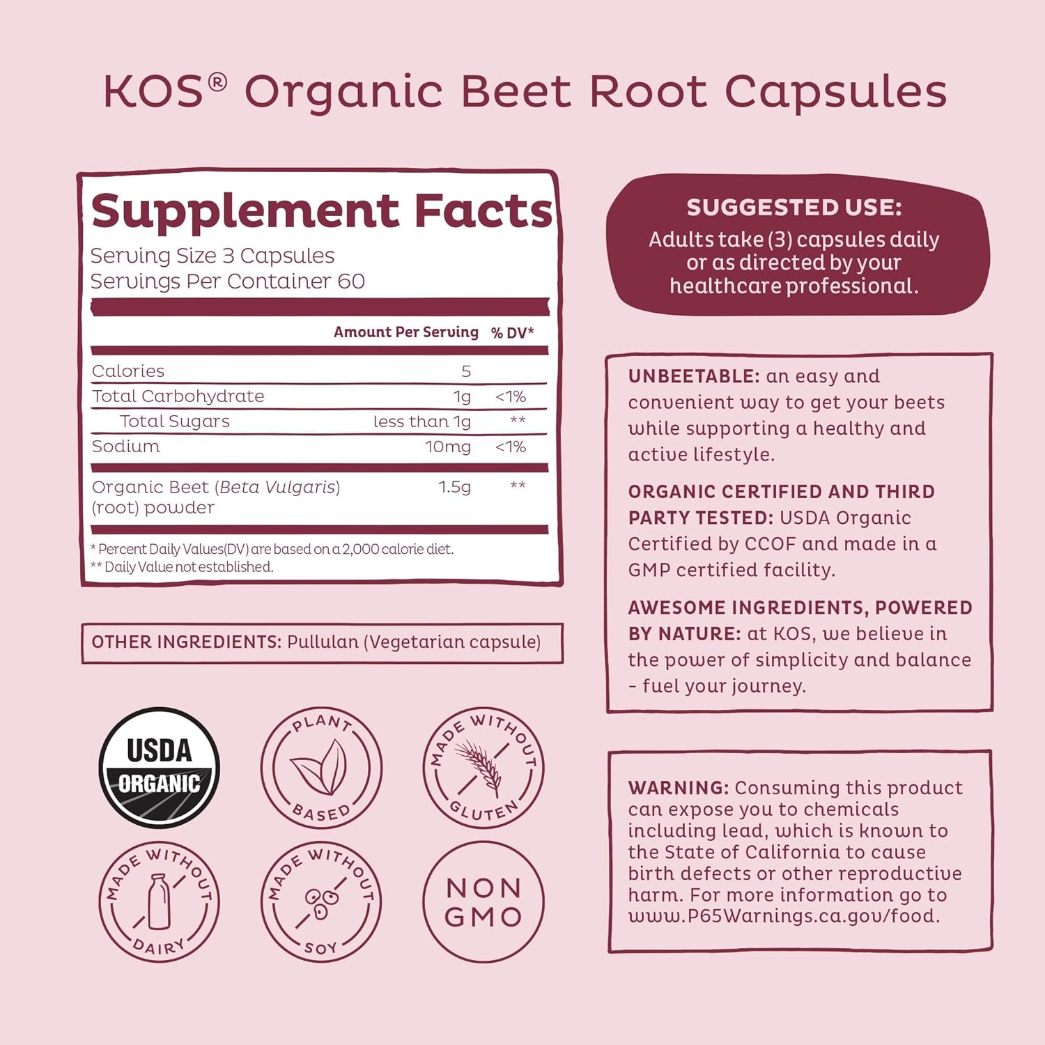 KOS Organic Beet Root Capsules 1500mg - Superfood Powder - Supports Healthy & Active Lifestyle - 180 Capsules - Nirvana Guru