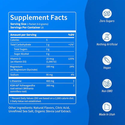 Supercalm Powdered Drink Mix, Raspberry Lemonade, L Theanine, Ksm-66 Ashwagandha, Magnesium Glycinate, Vitamin D 3, Supplements for Relaxation & Focus, No Sugar, Non GMO, On The Go, 20 Ct