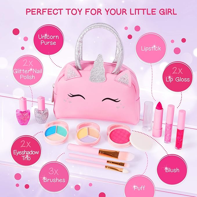 Kids Real Makeup Kit for Girls with Pink Unicorn Purse, Non Toxic Washable Make Up - Unicorn Toys for Toddler & Birthday Gifts for Girl Ages 3 4 5 6 7 8 9 10 Years Old - Pretend Play Vanity Set nirvanaguru