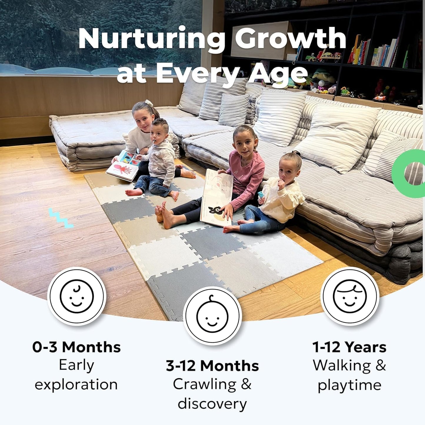 MioTetto Foam Floor Tiles for Kids - Non-Toxic Comfortable Baby Play Mat and Interlocking Foam Tiles, Fits with 50x50 Playpen Mat for Crawling & Development, Soft Play Mat for Babies 6-12 Months Nirvana Guru