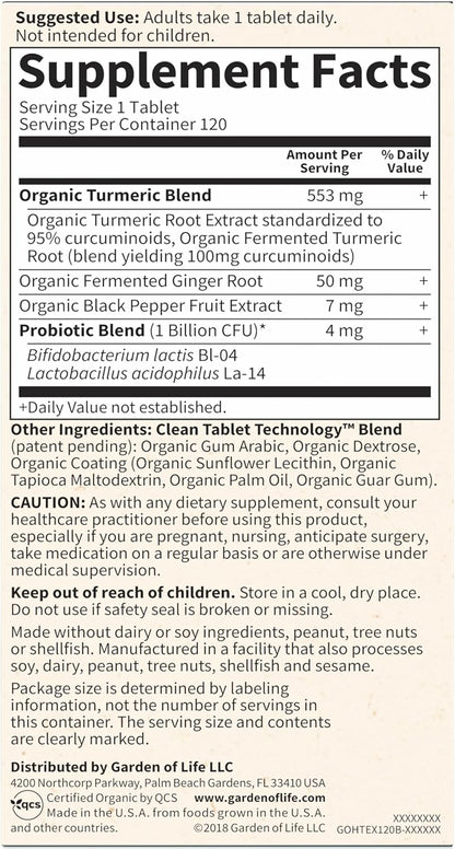 Garden of Life Organics Extra Strength Turmeric Inflammatory Response 120 Tablets-100Mg Curcumin (95% Curcuminoids) Black Pepper, Probiotics, Organic Non-GMO Vegan Gluten Free Herbal Supplement - Nirvana Guru