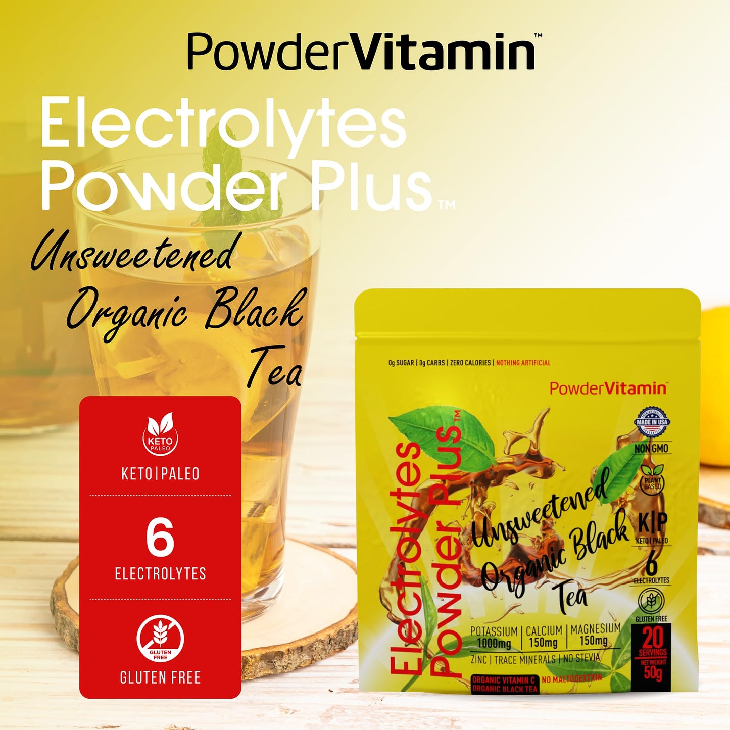 PowerVitamin Lemonade Electrolytes Powder No Sugar for Daily Energy - Keto Electrolytes - Hydration Powder with 1000mg Potassium, 120mg Calcium, Magnesium, Organic Vitamin C, 100 Servings