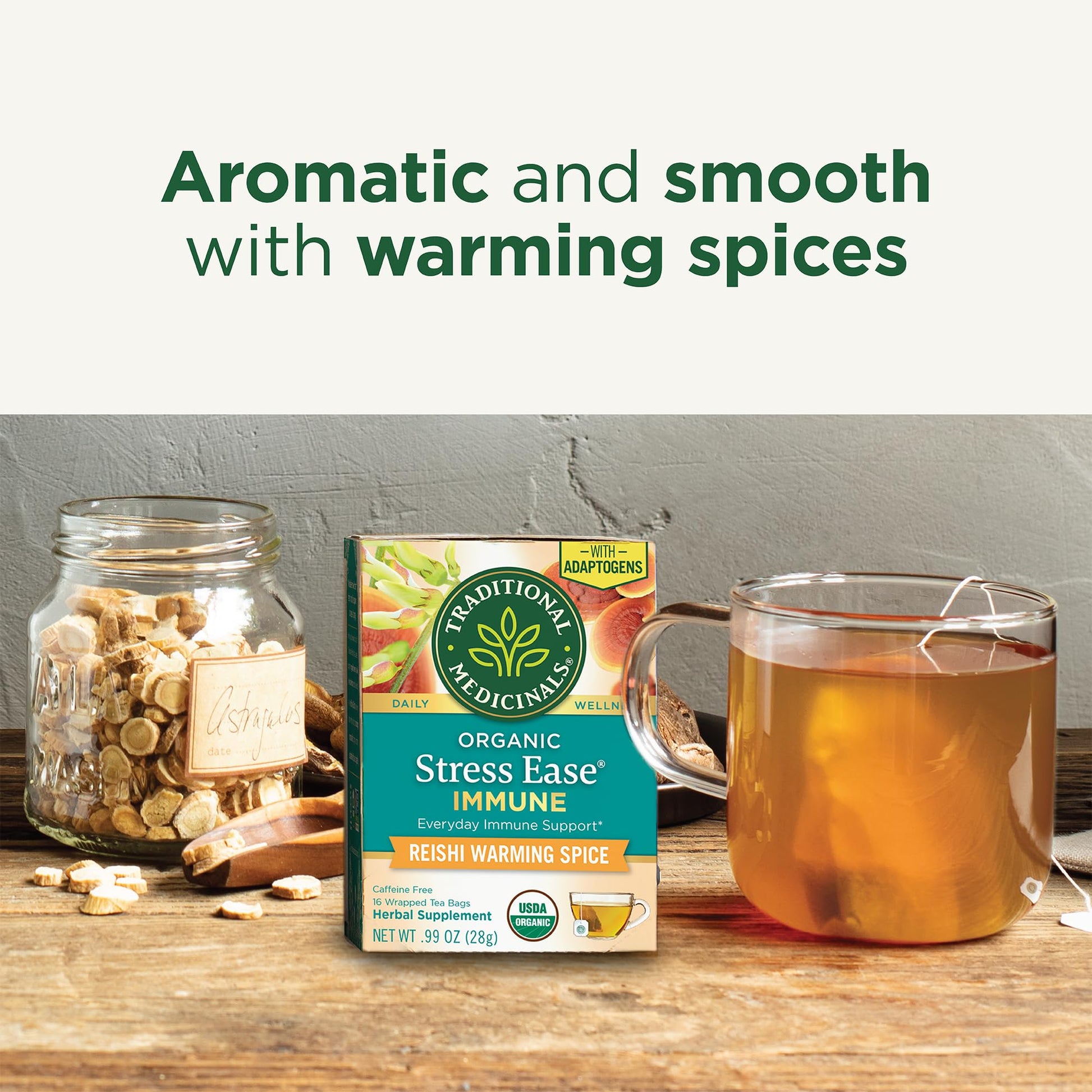 Traditional Medicinals Tea, Organic Stress Ease Immune with Adaptogens, Everyday Immune Support, Reishi Warming Spice, 16 Tea Bags - Nirvana Guru