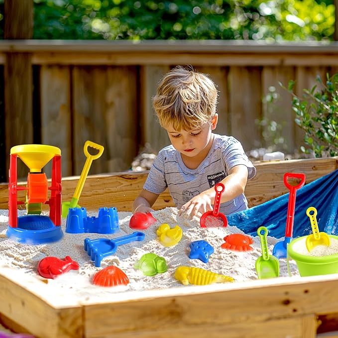 Beach Toys, 19 Piece Sand Toys Set Kids Sandbox Toys Includes Water Wheel Beach Tool Kit Bucket Watering Can Molds with Mesh Bag for Kids Ages 3-13 Nirvana Guru