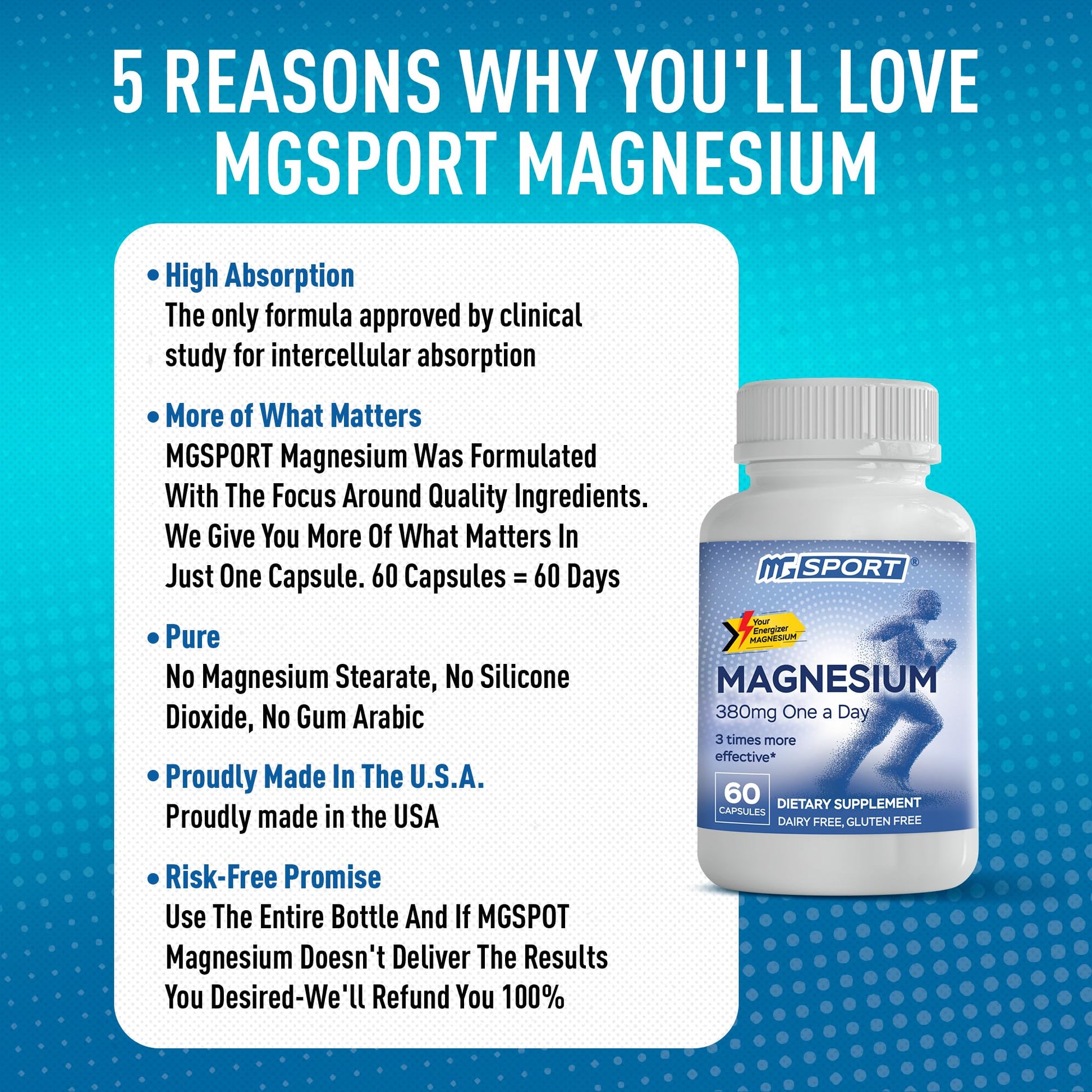Magnesium Supplement Complex MGSPORT- High Absorption with Vitamins B6, D, E - Relieves Leg Cramps & Muscle Support - 60 Servings Nirvana Guru