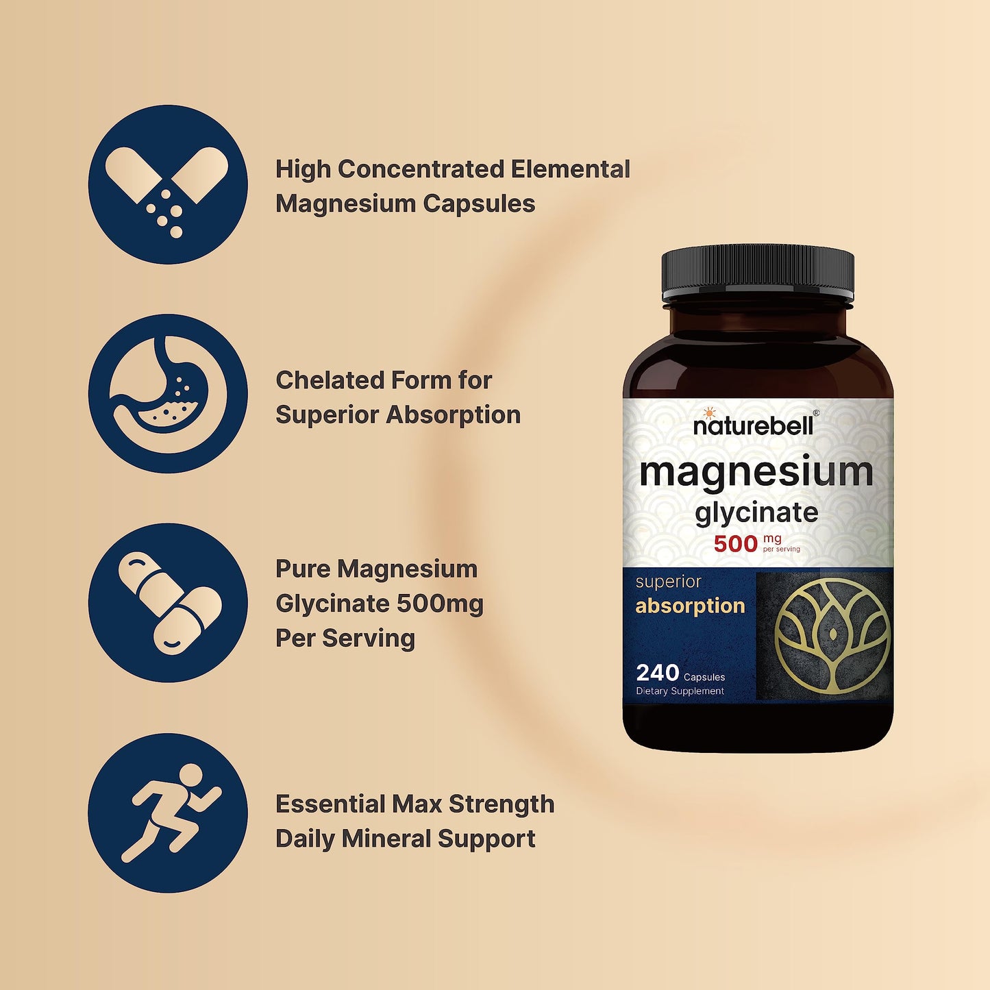 NatureBell Magnesium Glycinate 500mg, 240 Capsules | 100% Chelated & Purified | Sleep, Muscle & Heart Support | 3rd Party Tested, Non-GMO, Gluten-Free