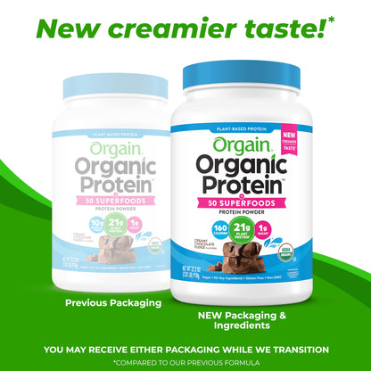 Orgain Organic Vegan Protein + 50 Superfoods Powder, Vanilla Bean - 21g Plant Based Protein, 8g Prebiotic Fiber, No Lactose Ingredients, Gluten Free, No Added Sugar, Non-GMO, 2.02 lb