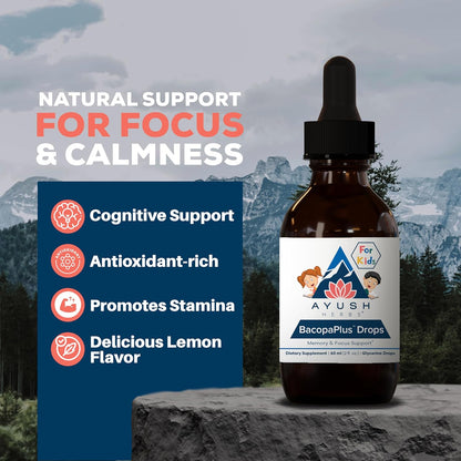 Ayush Herbs BacopaPlus Drops for Kids - Kids Focus and Attention Supplement with Bacopa, Ashwagandha, Ginkgo, Support for Brain & Memory, Organic Ingredients - 2 Fl Oz (80 Servings) Nirvana Guru