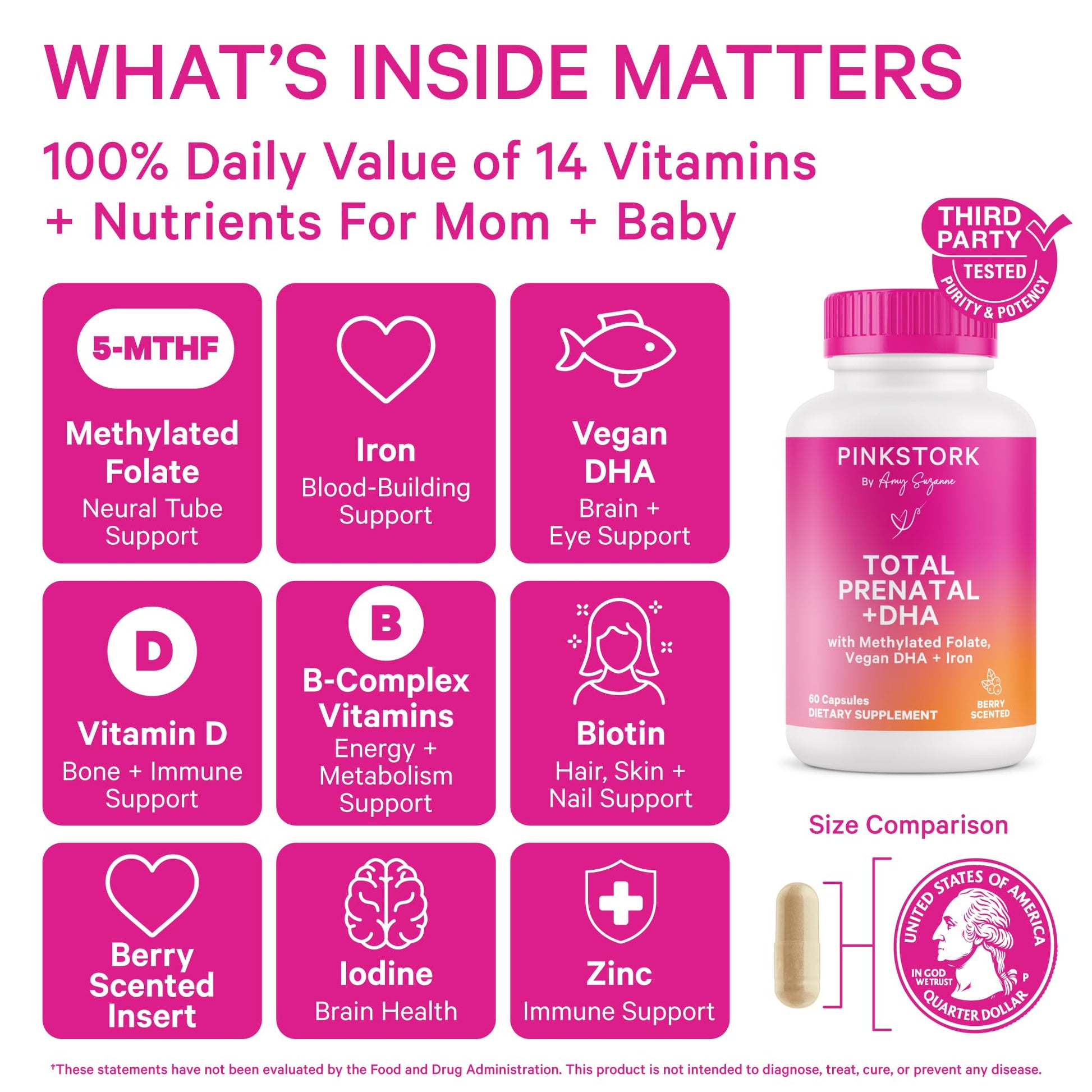 Pink Stork Total Prenatal Vitamins with DHA, Folate, Iron, Choline, and Vitamin B12 - Prenatals for Women to Support Fetal Development, Pregnancy Essentials, Berry Essence, 60 Capsules, 1 Month Supply Nirvana Guru