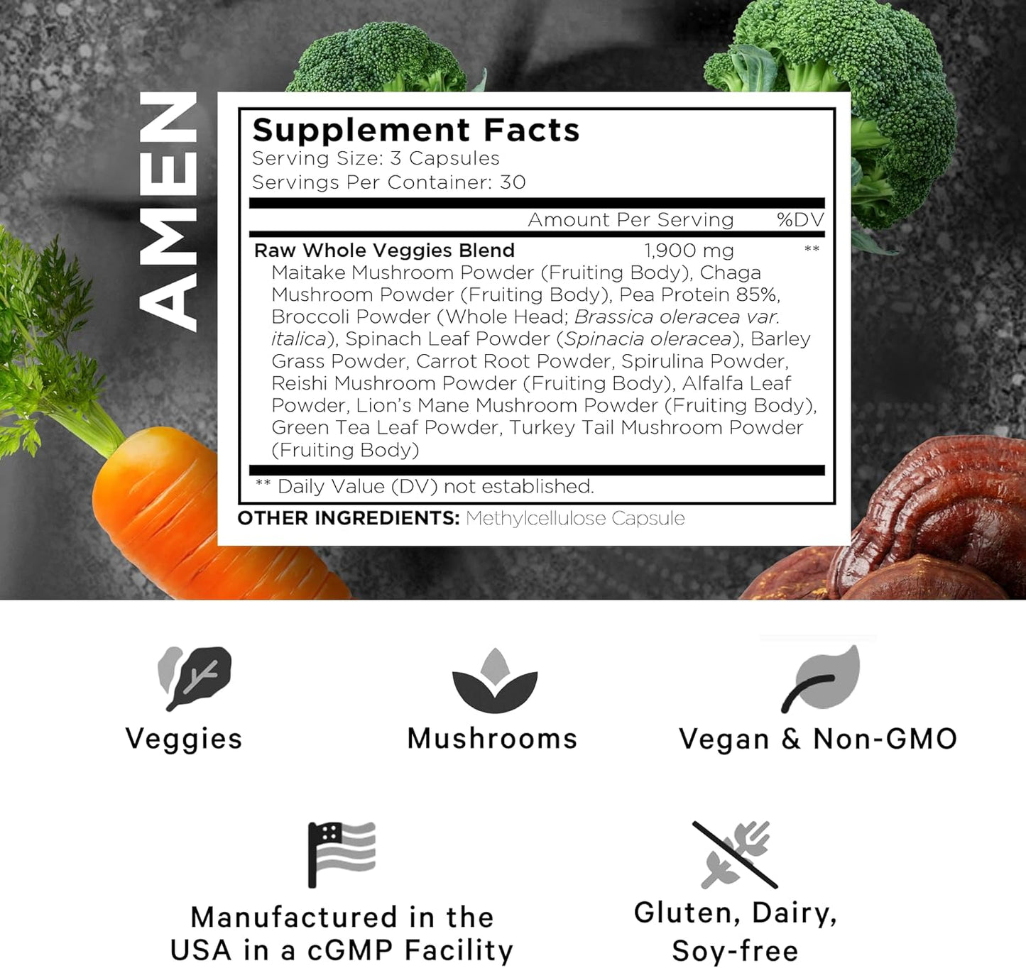 Amen Veggies, Daily Veggies Vitamins Supplement, Vegetables Vegan Blend & Whole-Food Raw Greens Multivitamin Capsules, Mushroom Complex, Superfood, Minerals, Green Vegetable Nutrients, Non-GMO, 90 ct Nirvana Guru