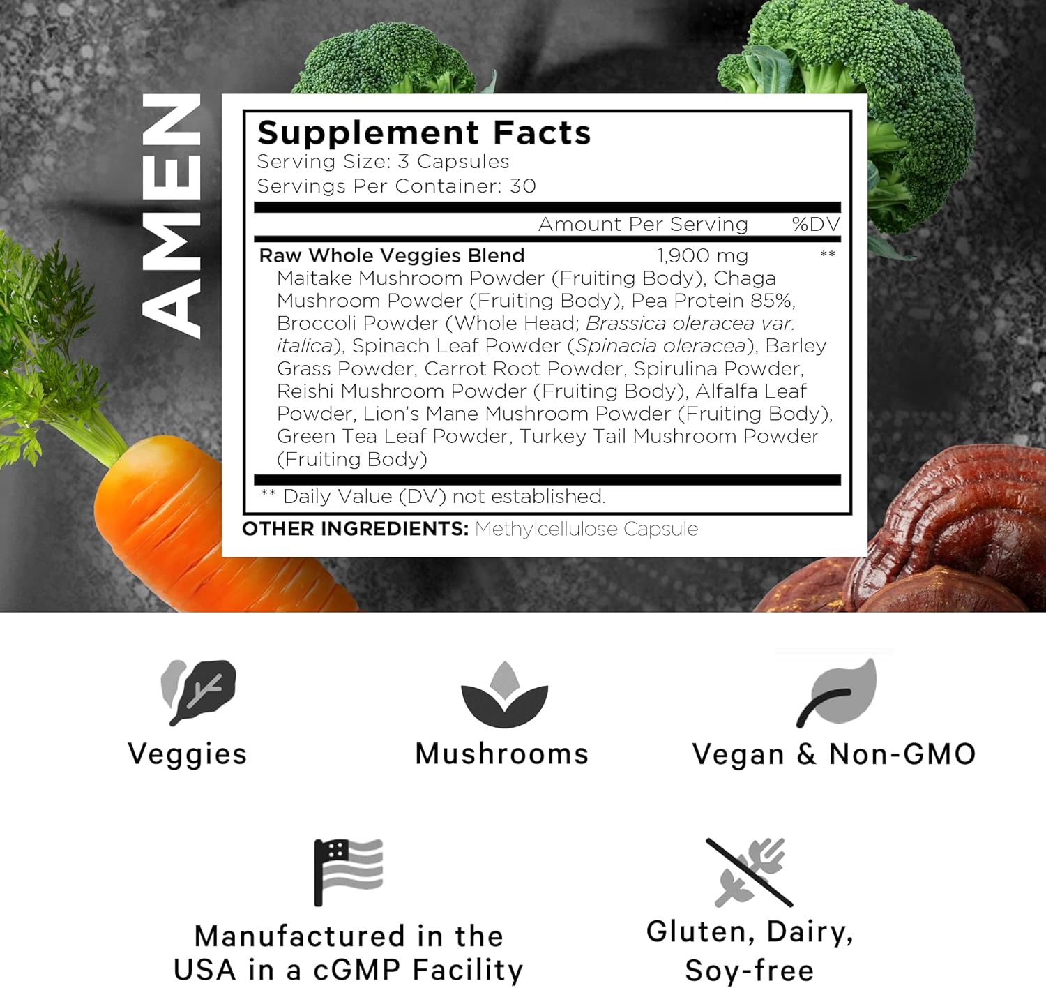 Amen Veggies, Daily Veggies Vitamins Supplement, Vegetables Vegan Blend & Whole-Food Raw Greens Multivitamin Capsules, Mushroom Complex, Superfood, Minerals, Green Vegetable Nutrients, Non-GMO, 90 ct Nirvana Guru