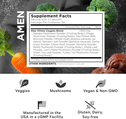 Amen Veggies, Daily Veggies Vitamins Supplement, Vegetables Vegan Blend & Whole-Food Raw Greens Multivitamin Capsules, Mushroom Complex, Superfood, Minerals, Green Vegetable Nutrients, Non-GMO, 90 ct Nirvana Guru