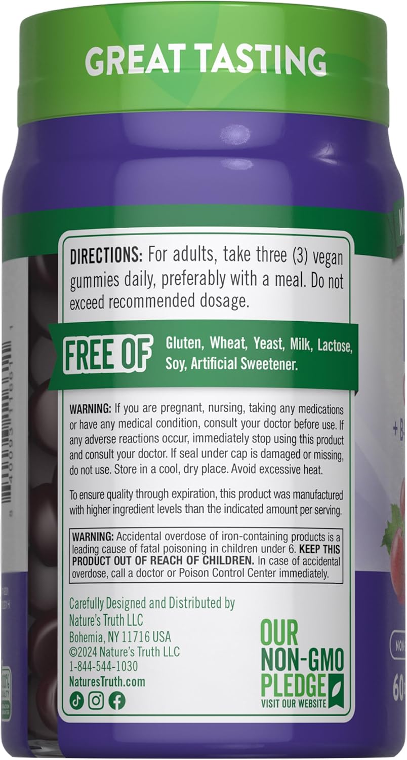 Nature's Truth Iron Gummies | 60 Count | Vegan, Non-GMO & Gluten Free Supplement | with Zinc & B Vitamins | Grape Flavor Nirvana Guru