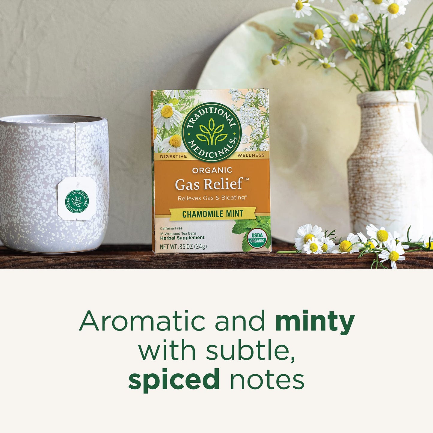 Traditional Medicinals Tea, Organic Gas Relief, Relieves Gas & Bloating, Chamomile Mint, 16 Tea Bags - Nirvana Guru