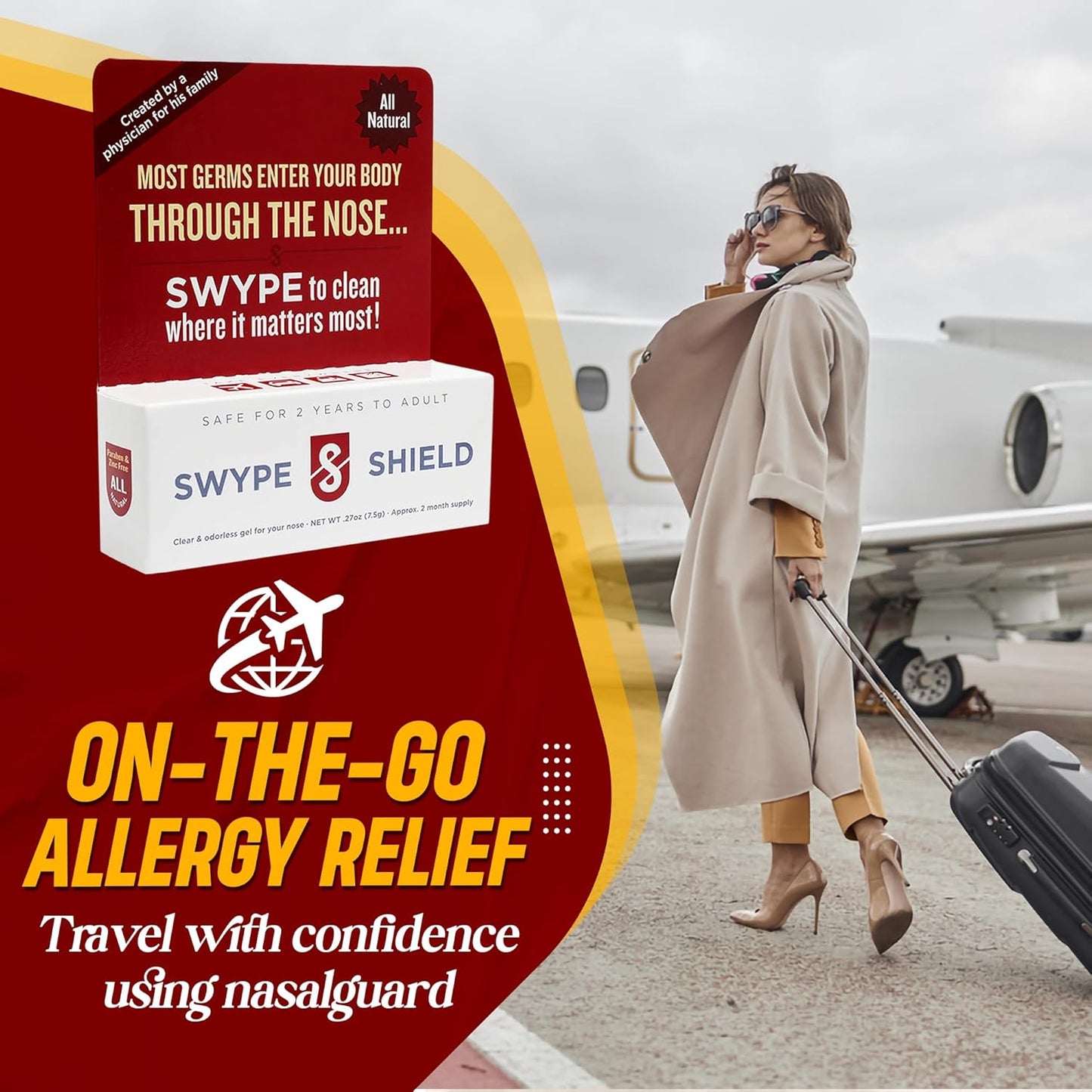 Swype Shield Airborne Particle and Allergen Blocker Nasal Gel - Drug-Free, for Pollen Allergy Sufferers, for Airplane Travel - (Unscented) Over 180 Applications Per Tube (0.27 oz, 7.5g Pack of 1) Nirvana Guru