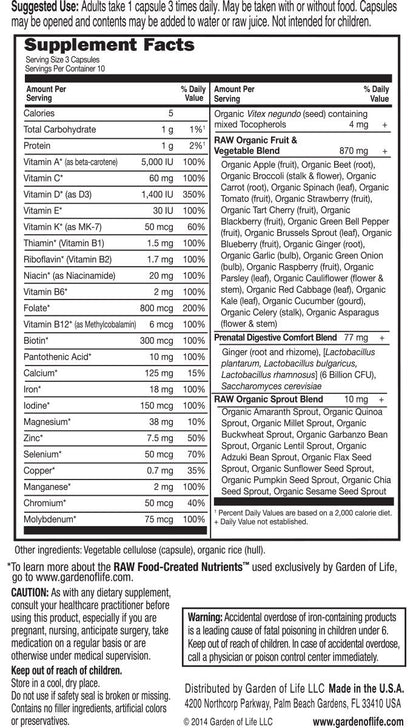 Prenatal Multivitamin for Women from Whole Foods with Biotin, Iron & Folate not Folic Acid, Probiotics for Immune Support - Vitamin Code Raw by Garden of Life - Pregnancy Must Haves - 180 capsules - Nirvana Guru