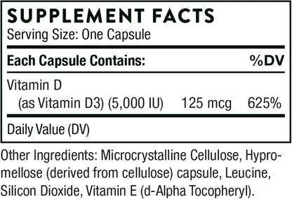 THORNE Vitamin D-5000 - Vitamin D3 Supplement - Support Healthy Bones, Teeth, Muscles, Cardiovascular, and Immune Function* - NSF Certified for Sport - Dairy-Free, Soy-Free - 60 Capsules - Nirvana Guru