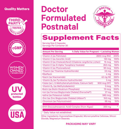 Pink Stork Total Postnatal Vitamins for Women with Vegan DHA, Iron, Folate, and Vitamin B12, Postpartum Recovery Essentials, Daily Supplement for Breastfeeding Moms - 1 Month Supply Nirvana Guru