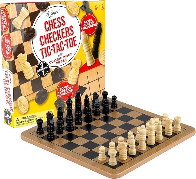 Regal Games - Reversible Wooden Board for Chess, Checkers & Tic-Tac-Toe - 24 Interlocking Wooden Checkers and 32 Standard Chess Pieces - for Age 8 to Adult for Family Fun nirvanaguru