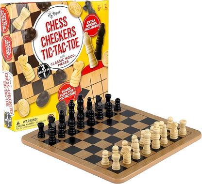 Regal Games - Reversible Wooden Board for Chess, Checkers & Tic-Tac-Toe - 24 Interlocking Wooden Checkers and 32 Standard Chess Pieces - for Age 8 to Adult for Family Fun nirvanaguru