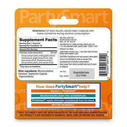 Himalaya PartySmart, One Capsule for a Better Morning, Plant-Based, Liver Support, Better Morning After Drinking, Clinically Studied, Non-GMO Project Verified, 12 Capsules - Nirvana Guru