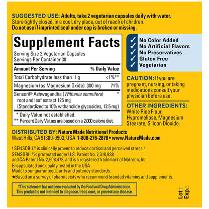 Nature Made Wellblends Calm & Relax, Ashwagandha 125mg, Magnesium 300 mg, 54 Vegetarian Capsules - Nirvana Guru