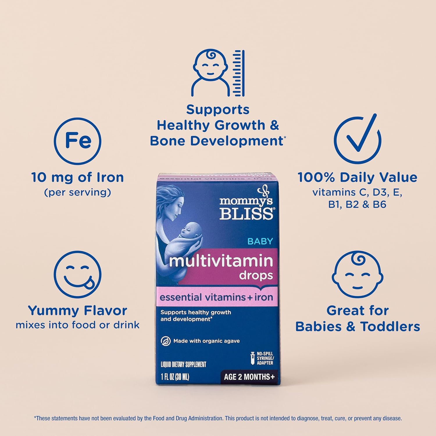 Mommy's Bliss Baby Multivitamin + Iron, Daily Essential Vitamins for Immune Support, Healthy Growth & Bone Development*, Age 2 Months+, 30 ml, Liquid - Nirvana Guru