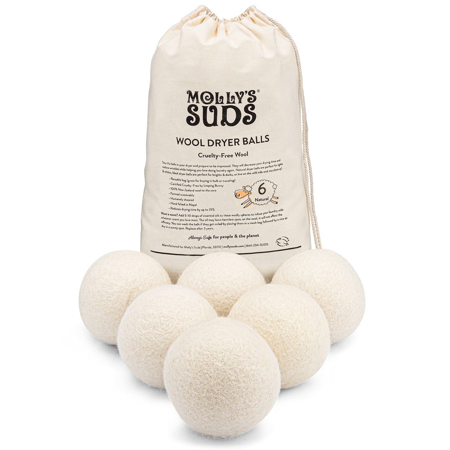 Molly's Suds Wool Dryer Balls | XL, Premium Organic Fabric Softener, Hypoallergenic, Hand-Felted, Reusable, Reduce Drying Time | White, Set of 6 Nirvana Guru