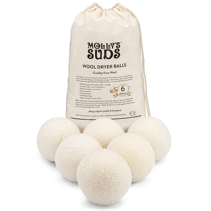 Molly's Suds Wool Dryer Balls | XL, Premium Organic Fabric Softener, Hypoallergenic, Hand-Felted, Reusable, Reduce Drying Time | White, Set of 6 Nirvana Guru