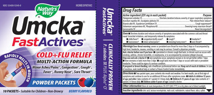 Nature's Way Cold + Flu Relief FastActives, Umcka, Homeopathic, Fever*, Sore Throat, Cough, Congestion, Body Aches*, Phenylephrine Free, Non-Drowsy, Berry Flavored, 10 Packets (Packaging May Vary) - Nirvana Guru