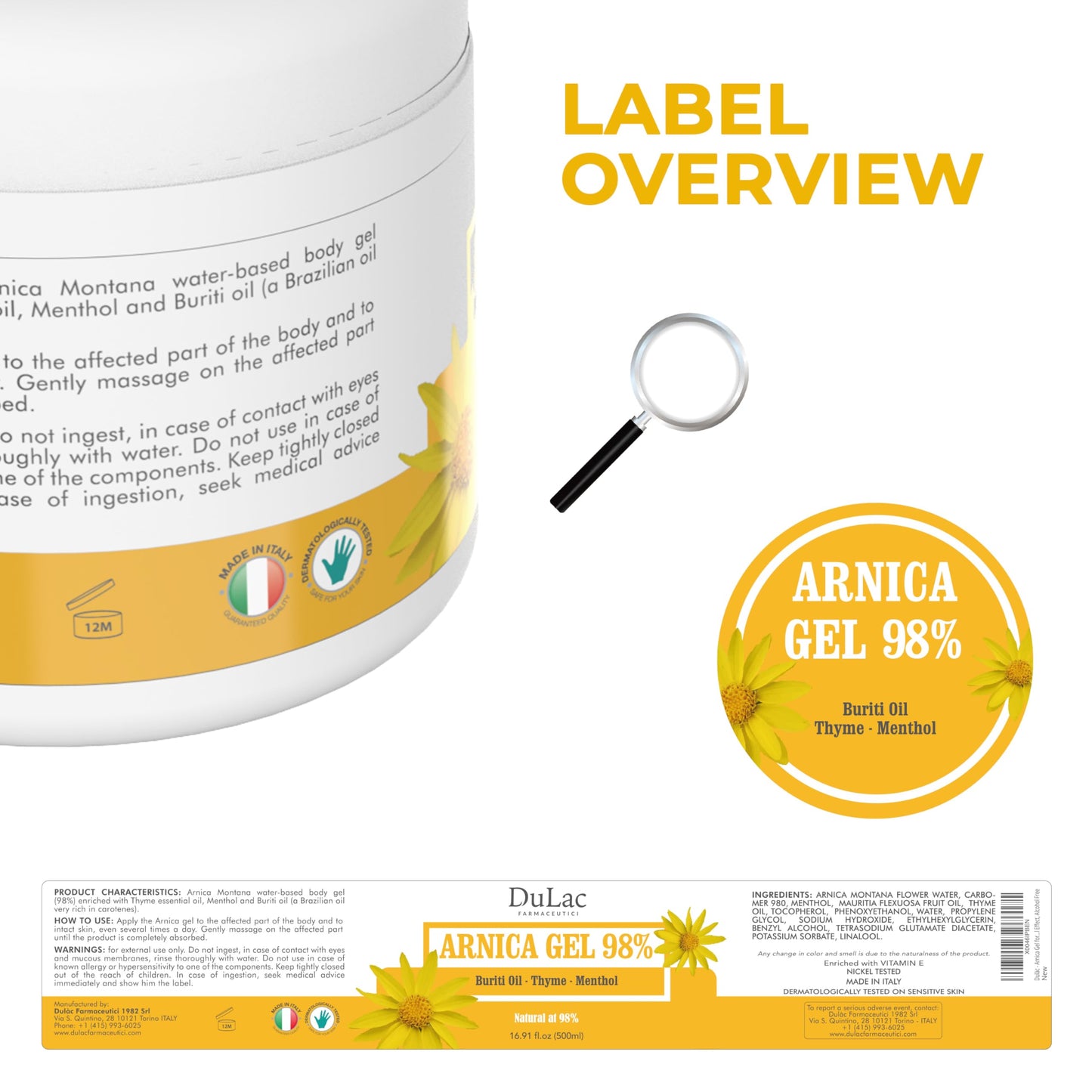 Dulàc - Arnica Gel for Bruising and Swelling 16.9 Fl Oz, 98% Arnica Montana Cream Extra Strength for Muscle and Joint Relief, Non-Greasy, Natural Formula, Cool Effect, Alcohol Free