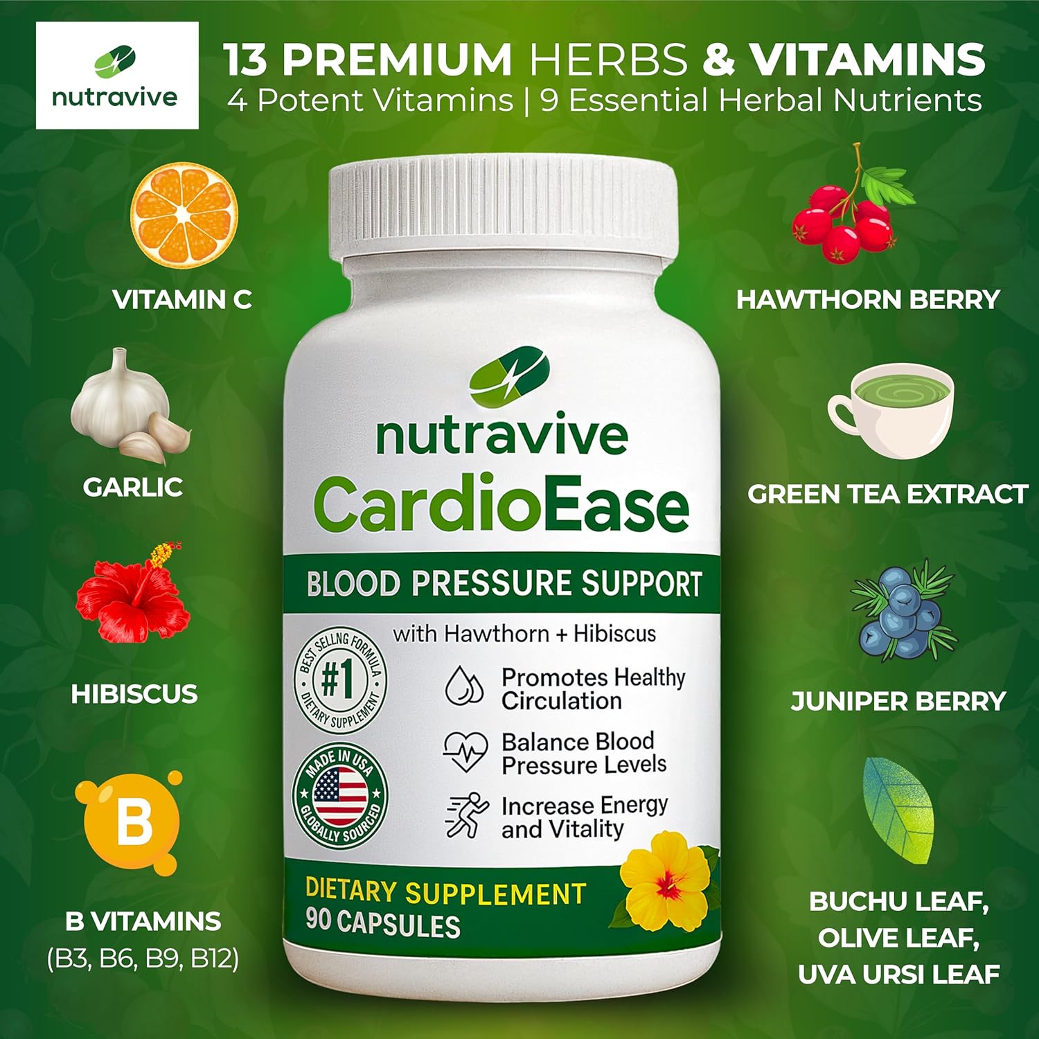 Nutravive Blood Pressure Support Supplement – Natural Heart & Circulation Support with Hawthorn, Garlic, Olive Leaf, Hibiscus & B12 – USA Made, GMP Facility, Third-Party Tested – 90 Capsules Nirvana Guru